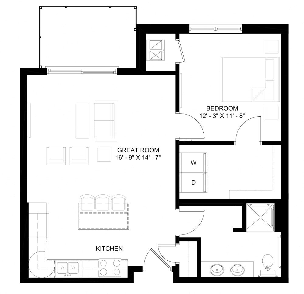Floor plan for 1 bed, 1 bath, 785 sqft